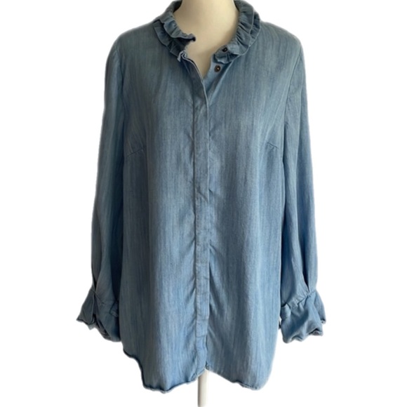 Soft Surroundings chambray Tencel Ruffle Collar Sleeve Button Down - Picture 2 of 10